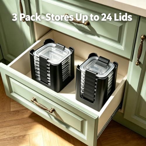 Food Container Lid Organizer Holders for Rubbermaid Brilliances nap-on lids, Lid Organizers for Kitchen Cabinet Storage (3-Pack) - Holder 24 Lids for 4.7/3.2/1.3/0.5 Cup Containers (Black) - Thumbnail 2