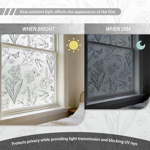 TAVIACHY Black White Floral Bird Static Cling Privacy Window Film, Frosted Decorative Glass Sticker, No Glue Removable UV Protection with Tool Kit for Bathroom Bedroom Door Glass 23.6" x 78.7" - Thumbnail 4