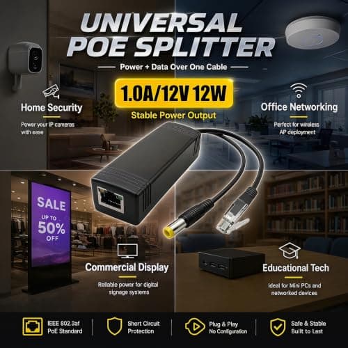 PoE Splitter 12W, 48V to 12V 1A Gigabit IEEE 802.3af Compliant PoE Adapter with 6kV Surge Protection, Power over Ethernet Splitter for Security IP Camera, Non-PoE Devices 12W 5.5x2.1mm DC Plug Gigabit - Thumbnail 3