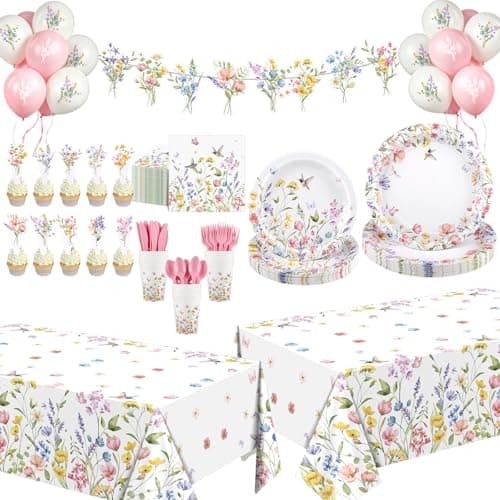 NatNarr 213Pcs Wildflower Party Decorations Include Spring Floral Plates and Napkins, Tablecloth, Banner, Cake Toppers,Balloons for Baby Bridal Shower Floral Birthday Garden Party - Image 1