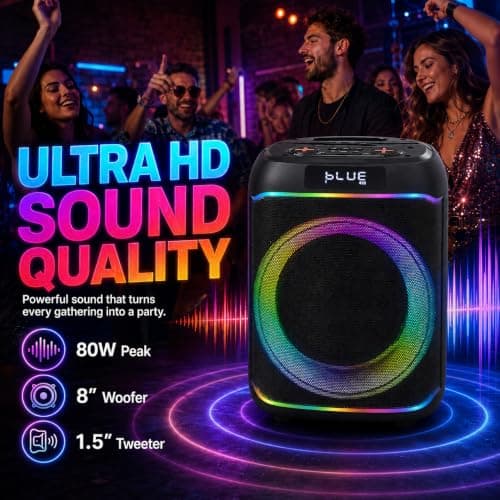 QAU Bluetooth Speaker, 80W Peak Power Wireless Party Speakers with Deep Bass, Portable Loud Stereo Sound Large Subwoofer with Led Light Show for Party Outdoor Camping(Black) - Thumbnail 2