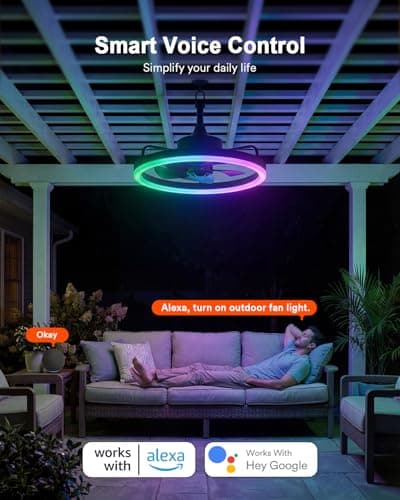 Lumary 20'' Smart Outdoor Ceiling Fans with Lights, Wi-Fi Bluetooth Direct Connect RGBCW Gazebo Fans, 40+ Scenes Mode, Compatible with Alexa & Google, Plug in Hanging Caged Ceiling Fan with Remote - Thumbnail 3