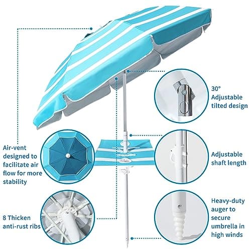 Beach Umbrella - Beach Umbrella for Sand Wind Portable with Tilt Pole, 6.56 FT Arc Length 5.9 FT Diameter, Heavy Duty Wind Resistant Striped Large Umbrellas, UV 50+ Parasol with Anchor Screw Adjustable Height and Foldable Table Board - Thumbnail 6