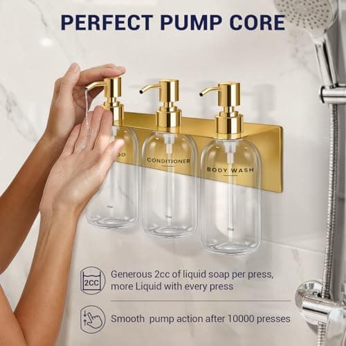 KLL Shampoo and Conditioner Dispenser - 3 Soap Dispenser Bathroom Wall Mount No Drill, Soap Holder, Hook - Refillable Shower Dispenser Pump Bottle for Bathroom Shower Accessories (Transparent) - Thumbnail 5