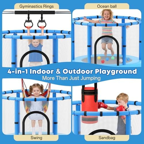 MOM Selected 60" Toddler Trampoline for Kids, 440lbs Kids Trampoline with Net, Trampoline Indoor Outdoor playset with Adjustable Gymnastics Bar, Easy Assembly - Thumbnail 3