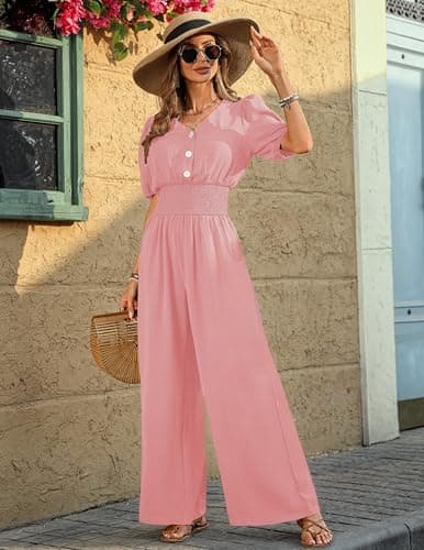 LOOKBOHO Womens Jumpsuits Dressy Puff Smocked High Waist Short Sleeves Wide Leg Rompers Formal V Neck One Piece Pink XXL - Thumbnail 4