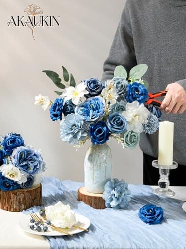 AKAUKIN Dusty Blue Artificial Flowers Box Set with Premium Silk Roses & Dahlia for Wedding Bridal Bouquets, Baby Shower, Birthday Party, Table Centerpieces, Home Decor & DIY Floral Arrangements - Thumbnail 6