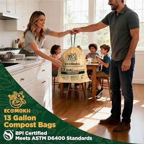 EcoMokii 13 Gallon Compostable Trash Bags with Drawstring, 30 Count, 49.2 Liter, 1.2 Mil Heavy Duty Extra Thick Large Kitchen Garbage Bin Liners, Compost Food Scraps Bag, BPI (ASTM D6400) - Thumbnail 4