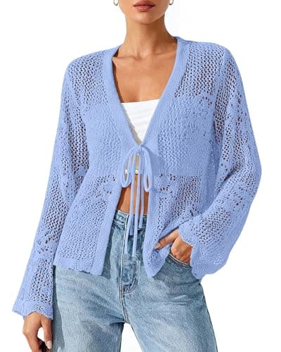 BTFBM Summer Cardigans for Women Lightweight 2026 Spring Crochet Hollow Out Long Sleeve Tie Front Beach Vacation Coverups(Light Blue, XX-Large) - Image 1