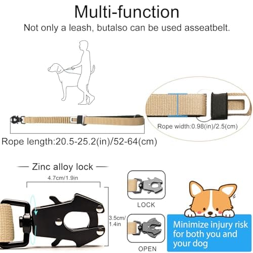 20” Strong Short Leash for Dog, Heavy Duty Bungee Dogs Leash with Padded Handle Car Seatbelt, Small Dog Training Leashs for Large or Medium Dogs - Can be Used with Other leashes (Khaki) - Thumbnail 2