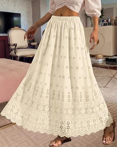 dowerme Women Summer Maxi Skirt Cute Elastic High Waist Boho Eyelet A-Line Cotton Flowy Long Skirts Spring Clothes 2026(Beige,Medium) - Thumbnail 6