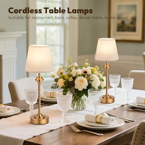 NIORSUN Portables Cordless Table Lamp,Battery Operated Lamp,5200mAh Bedside Table Lamp with Warm White,3 Way Dimmable Touch Desk Lamp for Bedroom Living Room Restaurant White Shade (Gold) - Thumbnail 2