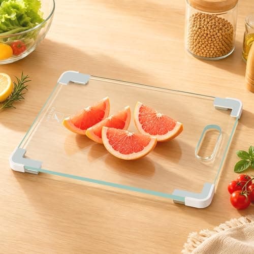 Glass Cutting Board for Kitchen, 12x8 Clear Tempered Glass Chopping Board with Non-Slip Corner Guards, Shatter-Resistant, Scratch-Resistant, Food-Safe & Non-Toxic Countertop Protector Prep Board
