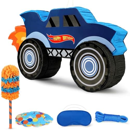 27" Race Car Piñata, Monster Truck Pinata Bundle with Blindfold and Bat Party Favors for Kids Boys Exciting Party Games Supplies