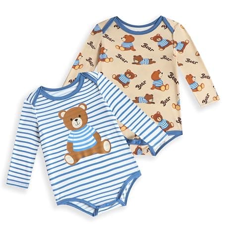 Joonberry Unisex-Baby 2-pack Cute Print Bodysuit, Soft Bamboo Rayon Boy Girl Jumpsuit Clothes, Newborn Infant Outfit Romper (Bear-Style4, 18-24M) - Image 1