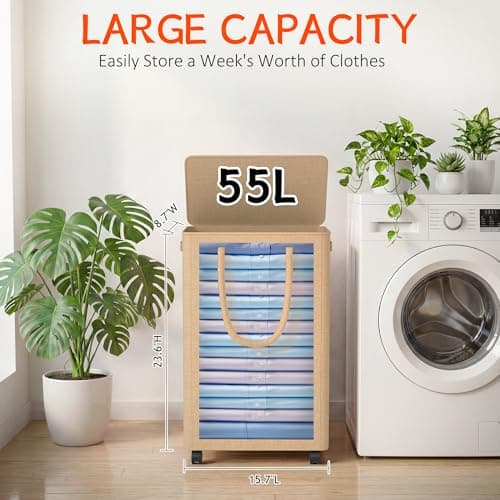 Slim Laundry Hamper with Wheels,15 Gal (55L) Rolling Laundry Basket with lid and wheels Clothes Hamper Foldable Tall Dirty Clothes Basket Sturdy Collapsible Clothes Hamper for Dorm,Laundry Room - Thumbnail 2