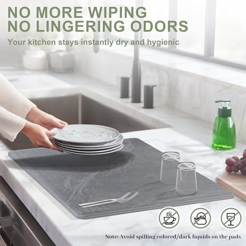 Vorisebo Large Stone Drying Mat for Kitchen Counter, 24" × 16" Diatomite Dish Drying Mat, Quick Dry Stone Mats, Ultra Absorbent Natural Diatomaceous Earth Mats for Dished, Bottles, Black Marble - Thumbnail 3