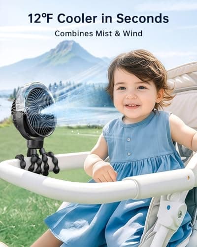 SWEETFULL Misting Stroller Fan – Portable Baby Fan with Spray Cooling, 4 Speeds, Quiet Rechargeable Fans for Travel, Outdoor, Golf Cart, Car Seat, Beach (Black) - Thumbnail 2