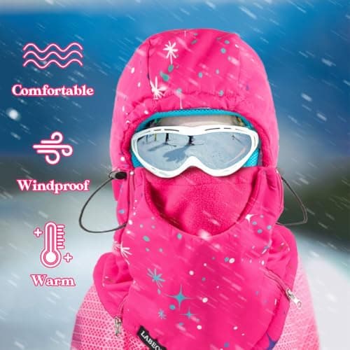 Labeol Kids Balaclava Ski Mask, Point Rose Red Waterproof Winter Waterproof Thick Warm Fleece Face Cover with Adjustable Zippers for Boys Girls - Thumbnail 4
