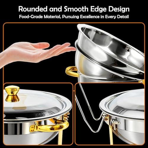 ALSO GO Round Chafing Dishes for Buffet with 4 Serving Tongs, 4 Pack 6QT Chafing Dishes Buffet Set, Golden Stainless Steel Catering Food Warmer for for Party, Gathering,Wedding - Thumbnail 3