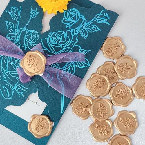 Pilloze Wax Seal Stickers - 3D Rose Wedding Invitation Envelope Botanical Seal Stickers, 50 Pcs Self- Adhesive Light Gold Stickers, Perfect for Invitation, Christmas, Gift Wrapping, Wedding, Party - Thumbnail 5