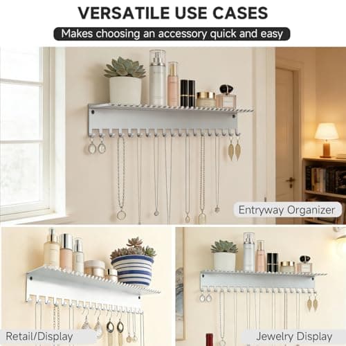 Conwithna Necklace Jewelry Holder Wall Hanging Organizer Hangers Storage Mounted Shelf with 56 Hooks Tray Display Girls Women Metal Door Earring Mount Key Chains Rack White - Thumbnail 5