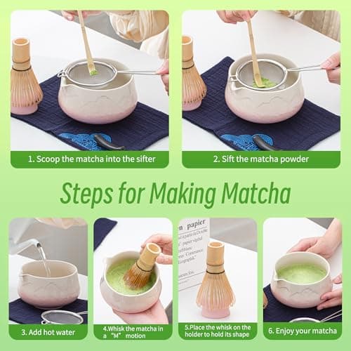 TEANAGOO 7 Pcs Matcha Whisk Set, Pink Matcha Set, Ceremony Matcha Powder Kit,Matcha Tea Set for Making Latte,Matcha Whisk Set and Bowl with Scoop&Sifter,Fuji Design Ceramic Bowl,Gift for Matcha Lovers - Thumbnail 5