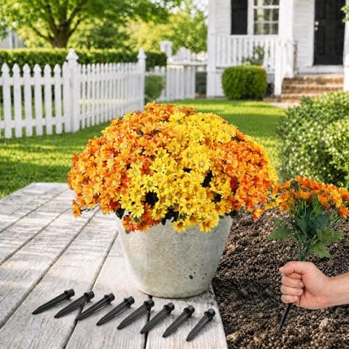 Artificial Flowers for Outdoors with Ground Spikes, 14 Stems Large Daisy Fake Flowers, Silk Faux Flowers for Outdoor Planters, Garden, Porch, Window Box & Cemetery Decor, 8 Bundles(2-Color Mix) - Image 1