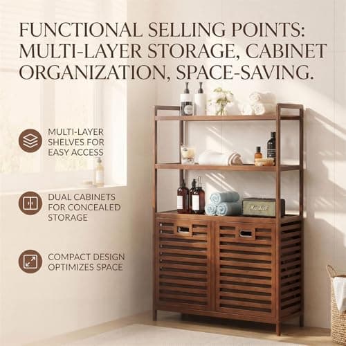 Baveke Bamboo Tilt Out Laundry Hamper with 3 Tier Shelves, Hidden Laundry Hampers with 2 Removable Bags, Pull Out Laundry Hamper Cabinet, Bathroom Storage Shelf for Laundry Room, FSC-Certified, Brown - Thumbnail 5