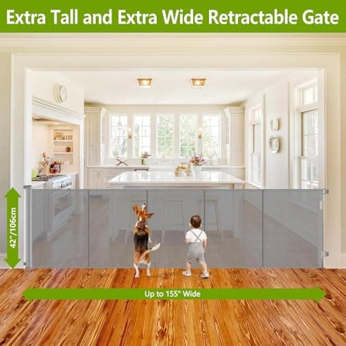 Reinforced 42" Extra Tall Pet Gate 155" Extra Wide Retractable Baby Gate with Support Rods - Prevent Crawling Under, Indoor/Outdoor Mesh Safety Gate Extra Wide Dog Gate Tall Baby Gates for Dogs, Gray - Thumbnail 3