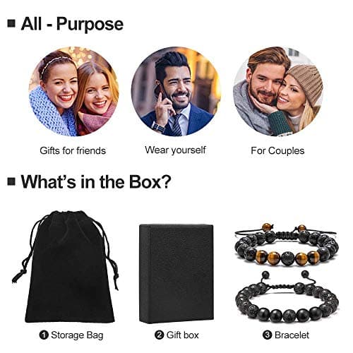 M MOOHAM Lava Rock Bracelets for Men - Tiger Eye Adjustable Beaded Black Matte Agate Bracelet Mens Gifts for Him - Thumbnail 2