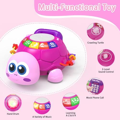 Ussybaby Musical Turtle Baby Toys 6 to 12 Month,Infant Light-up Musical Tummy Time Toy with Phone,Baby Crawling Toys for 7 8 9 12 Months Old,Easter Birthday Girl Gift for 3 4 5 Month+(Pink) - Thumbnail 2