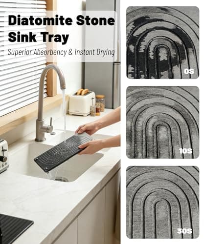 Diatomite Sink Tray - Zen Design Bathroom Counter Tray for Soap, Toothbrush & Skincare, Water Absorbing Stone Tray for Sink Fast Drying and Non-Slip (Gray) - Thumbnail 2