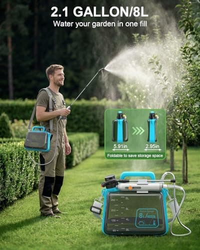 Battery Powered Garden Sprayer 2 Gallon, Electric Pump Sprayer with 3 Mist Nozzles, Rechargeable Handle, Telescopic Wand, Adjustable Strap, Water Spray Weed Sprayer for Lawn, Garden, Yard, Plants - Thumbnail 5