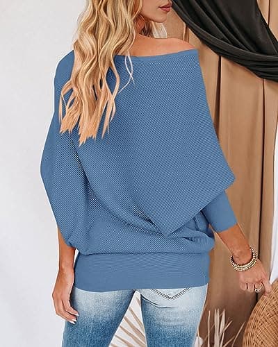 Zenlonr Women's Fall Sweaters 2026 Casual Long Batwing Sleeve Loose Off Shoulder Knit Pullovers Jumper Tops(Blue,Large) - Thumbnail 5
