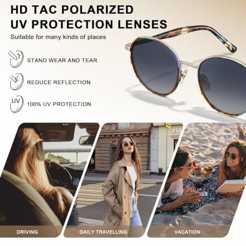 CARFIA Retro Round Polarized Sunglasses for Women UV Protection Acetate Arms Metal Frame Driving Glasses - Thumbnail 5
