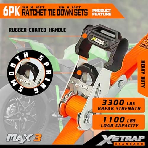 XSTRAP STANDARD 6-Pack Ratchet Tie Down Straps Set - 1 Inch 4 x 14ft & 2 x 10ft Tie-Down, 3300 lbs Break Strength Heavy Duty Cargo Straps with Coated S-Hooks for Moving, Motorcycle, Truck, Trailer - Thumbnail 5