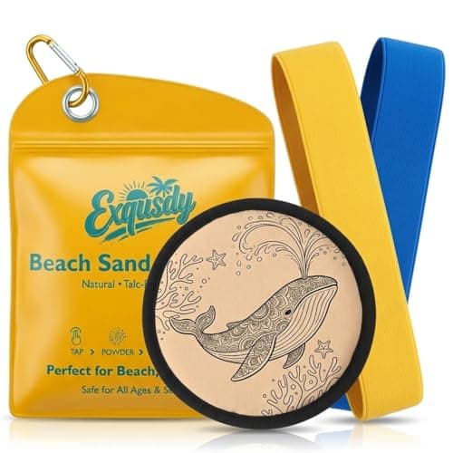 Exqusdy 2 in 1 Sand Remover for Beach + Elastic Towel Bands for Cruise Chair – Powder Puff with Talc-Free Formula, Windproof Holder for Pool & Vacation Must Haves, Toddler Friendly - Image 1