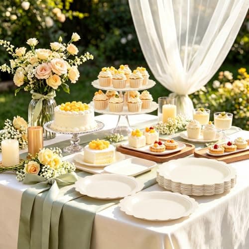NatNarr 30 Pcs Ivory Paper Plates 9 Inch Disposable Scalloped Cream Plates Cute Beige Dessert Cake Plate Party Dinner Plate for Baby Shower, Wedding, Bridal Shower - Thumbnail 5
