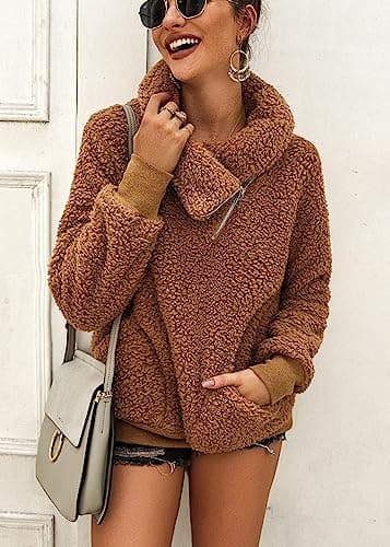 KIRUNDO Winter Clothing for Women Sherpa Pullover Fleece Zip Sweatshirt 2026 Fall Fashion Fuzzy Faux Shearling Warm Outwear(Large, Khaki) - Thumbnail 2