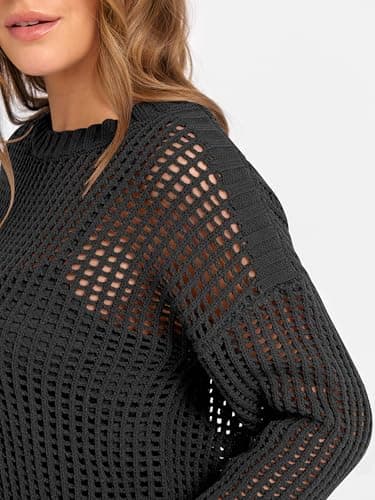 ANRABESS Womens 2 Piece Outfits Crochet Sheer Knit Sweater Top Wide Leg Pants Lounge Set Sweatsuit 2026 Fall Travel Clothes Black Medium - Thumbnail 5