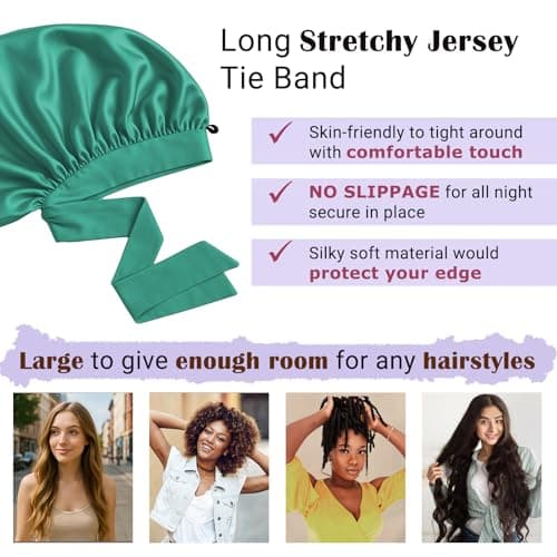 Women's Silky Bonnet - Long Tie Sleep Cap, Curly/Natural Hair, Adj. Night Hat, +10 Scrunchies, Mom/Wife - Thumbnail 3