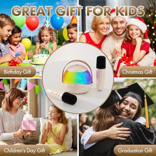 Mini Karaoke Machine Gifts for Kids Adults, Portable Karaoke Speaker with 2 Wireless Microphones, Kids Microphone with Speaker, Birthday Gifts for Girls Boys 3-12+ Year Old (Beige) - Thumbnail 3