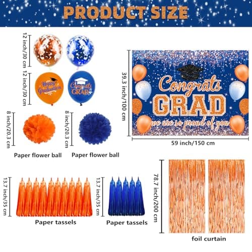 Graduation Decorations Class of 2026, Congrats Grad Backdrop, Graduation Balloons, Paper Pompoms, Paper Tassels, Foil Curtains for 2026 Graduation Party Decorations(Blue Orange) - Thumbnail 3