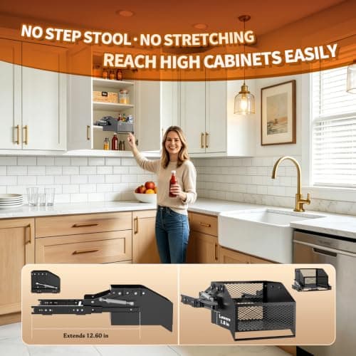 HOUSE AGAIN Pull-Down Cabinet Organizer for High/Deep Cabinets, Drop Down Spice Rack, 12.6" Out & 1.8" Down, Dual Install (Screw/3M Tape), Fits Frameless, for Spices, Snacks and Small Bottles (Black) - Thumbnail 3