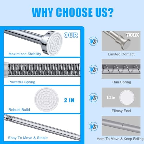 TEECK Shower Curtain Rod, 32-80 inch Adjustable Spring Tension Curtain Rod, Never Rust Anti-Slip Shower Curtain Rod for Bathroom, No Drilling, Never Collapse, Easy to Use, Silver - Thumbnail 6
