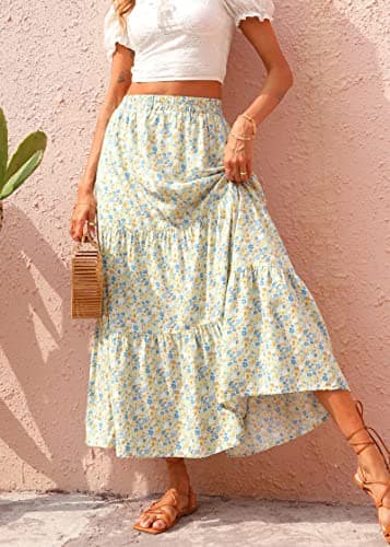 KIRUNDO Women 2026 Spring Summer High Waist Boho Floral Maxi Skirt Trendy Casual Flowy Swing Pleated A Line Beach Long Skirts(Light Blue, Medium) - Thumbnail 3