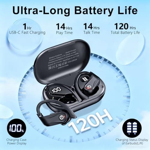 Earbuds Wireless Earbuds 120H Playback Bluetooth 6.1 Headphones IPX7 Waterproof Stereo Bass Over-Ear Headphones with Earhooks Microphone LED Battery Display for Sports Running Workouts - Thumbnail 2