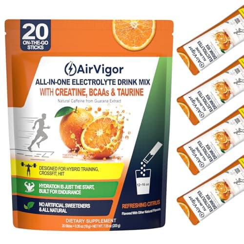 AirVigor Electrolyte Powder with Creatine All-in-One Hydration Drink Mix for Workout, Pre Workout Energy & Recovery, Amino Support, Low Calorie Electrolyte Drink Packets, 20 Sticks (Citrus) - Image 1