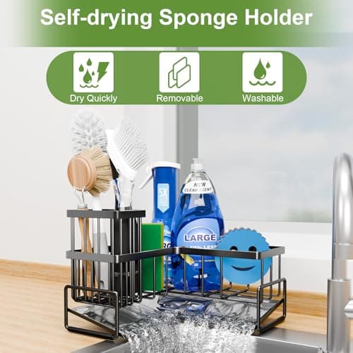 Fikoksol Large Sponge Holder for Kitchen Sink, 90-Degree Sink Caddy Organizer with Dish Brush Holder for Countertop Corner Storage Rack, Metal L-Shaped Kitchen Sink Sponge Soap Organizer Storage Ideas - Thumbnail 3